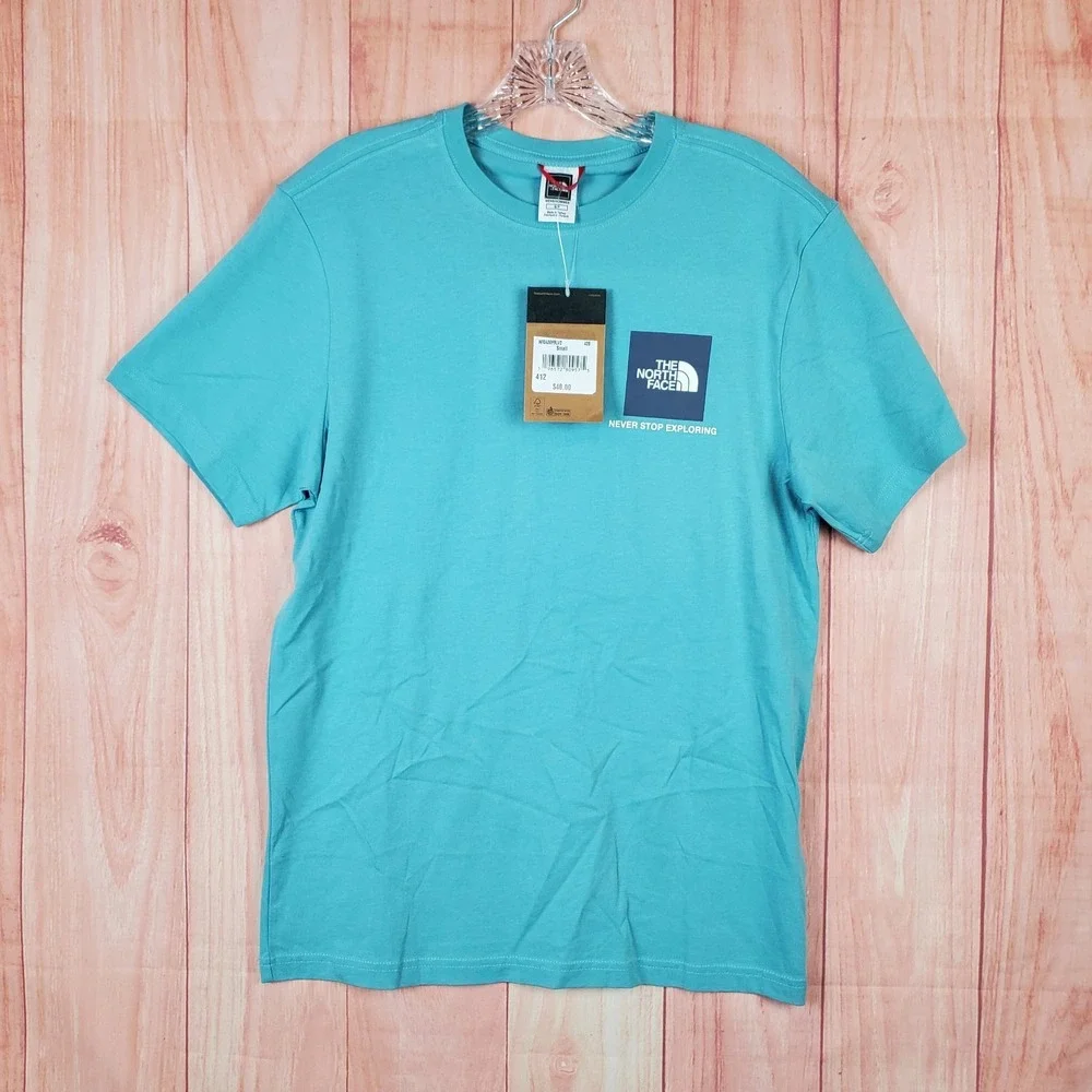 The North Face T Shirt Mens Small Blue NSE Box Logo Cotton Crew Neck Pullover